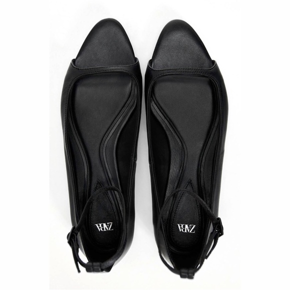 ZARA Flat Open Pointed Toe Black Leather Ballet Flats - Picture 1 of 11